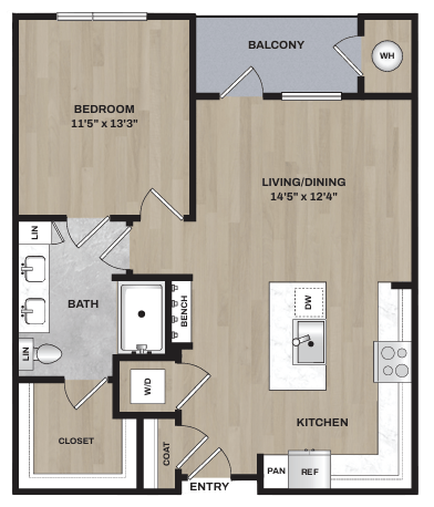 Floor plan for 1 bed, 1 bath, 804 sqft